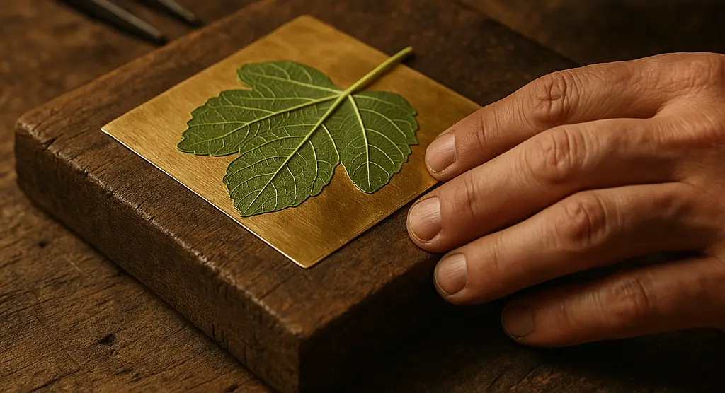 چاپ بافت برگ روی طلا در طلاسازی سنتی | ترکیب طبیعت با هنر دست